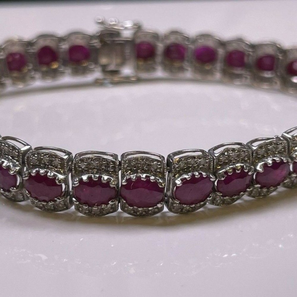 14K White Gold Ruby Diamond 7.25" Bracelet Box Lock Safety Clasp 16.6g (R034)